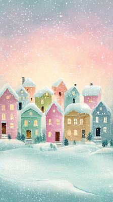 JPG 행복 컬러 크리스마스 설경 겨울 일러스트 아침 주택 따뜻함 사랑 풍경 빛 평화 마을 고요 휴일 장면 뷰티풀 눈내림 국내일러스트 AI일러스트 AI콘텐츠 주간 계절 기념일 감정 컨셉 눈_날씨 건물 파일형식