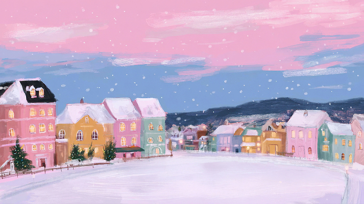 JPG 나무 감정 컬러 겨울 일러스트 자연 하늘 주택 풍경 빛 평화 마을 정원 눈송이 분위기 저녁 뷰티풀 아기자기 국내일러스트 AI일러스트 AI콘텐츠 식물 계절 컨셉 눈_날씨 건물 야간 생태계 파일형식