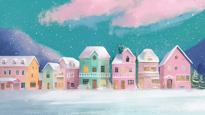 JPG 캐릭터 컬러 크리스마스 겨울 일러스트 창문 자연 하늘 조명 산 풍경 마을 정원 고요 큼 풍경화 눈덮임 국내일러스트 AI일러스트 AI콘텐츠 계절 기념일 컨셉 크기 그림 생태계 파일형식