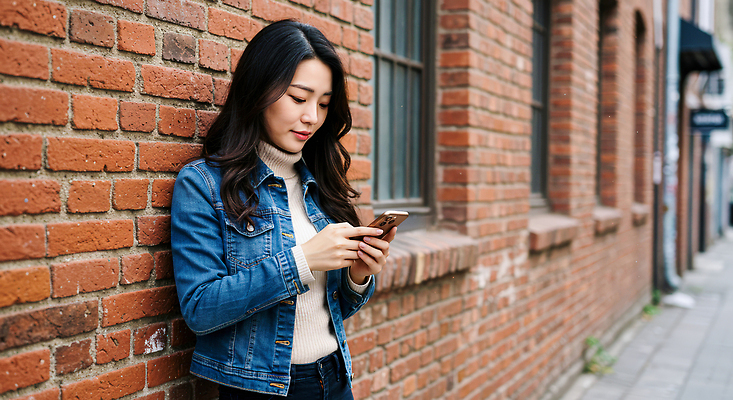 JPG 편집이미지 여자 패션 벽 모션 거리 일상 스마트폰 청춘 도시 메시지 즐거움 소통 의료성형뷰티 스타일 편집실사 AI인물포토 AI콘텐츠 감정 컨셉 사람 라이프 핸드폰 스마트기기 CG 파일형식 AI포토