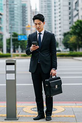 JPG 편집이미지 남자 길 가방 비즈니스 거리 정장 스마트폰 직장인 횡단보도 도심 출근 오후 의료성형뷰티 세련 편집실사 AI인물포토 AI콘텐츠 직업 잡화 옷 사람 핸드폰 스마트기기 도시 보행로 CG 출퇴근 파일형식 AI포토