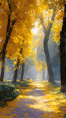 JPG 나무 길 일러스트 자연 휴식 조명 풍경 빛 햇빛 노란색 평화 고요 산책 산책로 금색 가을 저녁 숲 편안함 뷰티풀 국내일러스트 AI일러스트 AI콘텐츠 식물 계절 컬러 컨셉 태양 감각 야간 생태계 파일형식