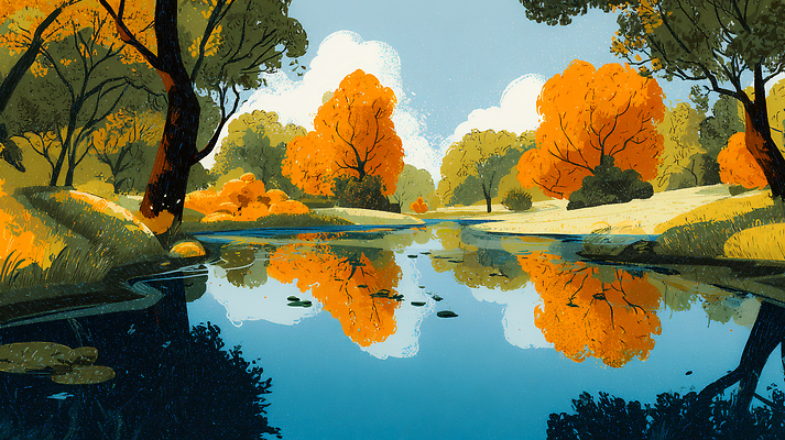 JPG 나무 식물 컬러 일러스트 자연 풍경 물 강 햇빛 반사 평화 소리 금색 가을 숲 강가 조용 뷰티풀 차분 국내일러스트 AI일러스트 AI콘텐츠 자연요소 계절 컨셉 태양 생태계 파일형식