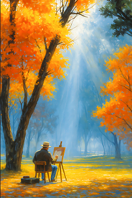 JPG 나무 공원 여유 예술 컬러 단풍 일러스트 자연 하늘 조명 풍경 빛 햇빛 산책 가을 명상 그림 화가 창의성 국내일러스트 AI일러스트 AI콘텐츠 식물 직업 계절 공공시설 감정 잎 휴식 태양 생태계 파일형식