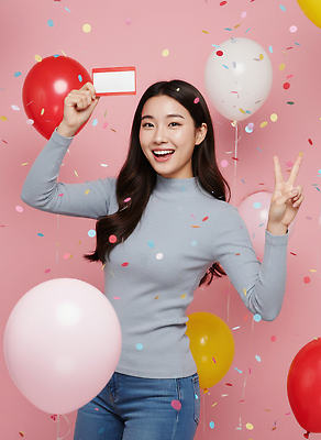 JPG 편집이미지 여자 기념일 행복 컬러 표정 웃음 이벤트 파티 축제 축하 생일 즐거움 풍선 의료성형뷰티 분홍색배경 편집실사 AI인물포토 AI콘텐츠 감정 분홍색 백그라운드 컨셉 사람 CG 파일형식 AI포토