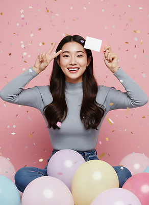 JPG 편집이미지 기념일 행복 포즈 웃음 축제 축하 생일 화려 즐거움 오브젝트 풍선 색종이 기념사진 의료성형뷰티 분홍색배경 편집실사 AI인물포토 AI콘텐츠 감정 종이 분홍색 백그라운드 컨셉 표정 이벤트 CG 파일형식 AI포토