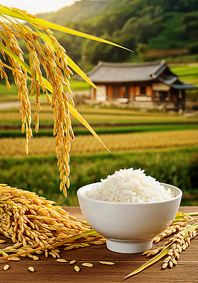 JPG 편집이미지 전통 농업 자연 풍경 초원 햇빛 농장 촉촉함 수확 벼 쌀 환대 맛있는 이미지편집 AI컴퓨터그래픽 AI콘텐츠 산업 컨셉 곡류 태양 젖음 생태계 파일형식