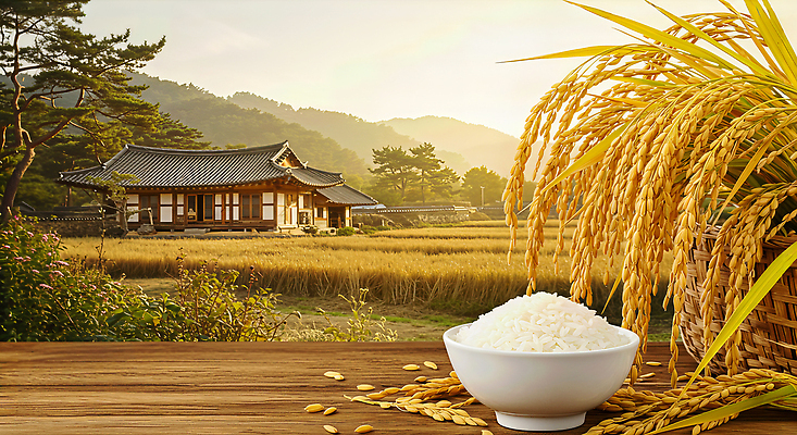 JPG 편집이미지 전통 자연 한옥 한국 풍경 초원 햇빛 수확 벼 쌀 시골 이미지편집 AI컴퓨터그래픽 AI콘텐츠 한국전통 아시아 고건축 농업 곡류 태양 생태계 파일형식