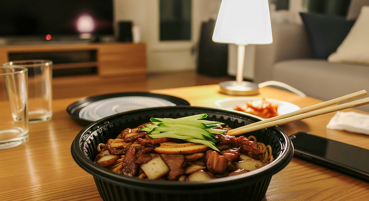 JPG 편집이미지 가족 탁자 반찬 요리 소파 식사 소고기 분위기 짜장면 저녁 편안함 볶음면 간편조리식품 맛있는 편집실사 AI포토 AI콘텐츠 음식 가구 컨셉 의자 관계 육류 중식 감각 야간 CG 파일형식