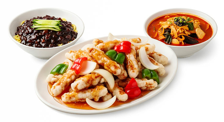 JPG 편집이미지 채소 밥 양파 피망 육류 어류 요리 식사 전통음식 면류 맛 짜장면 상차림 탕수육 짬뽕 편집실사 AI포토 AI콘텐츠 전통 음식 컨셉 식재료 중식 수중동물 CG 파일형식