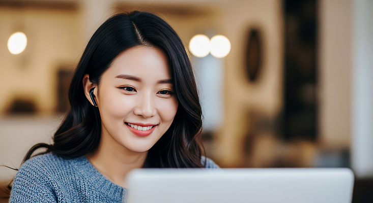 JPG 편집이미지 여자 이어폰 기술 미소 노트북 컴퓨터 기계 방 작업 서재 집중 모던 창의성 의료성형뷰티 편집실사 AI인물포토 AI콘텐츠 음향기기 컨셉 표정 사람 전자제품 CG 파일형식 AI포토