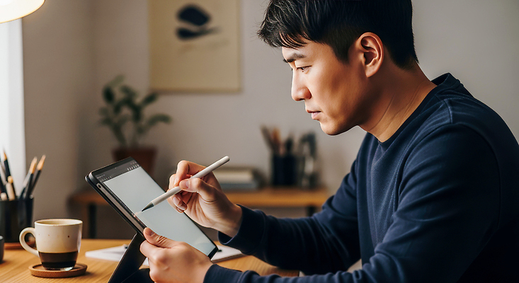 JPG 편집이미지 손 남자 커피 탁자 일상 태블릿 펜 환경 미술도구 방 기록 작업 편안함 집중 창의성 의료성형뷰티 편집실사 AI인물포토 AI콘텐츠 음료 가구 컨셉 사람 라이프 신체부위 전자제품 스마트기기 필기구 감각 CG 오브젝트 파일형식 AI포토