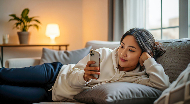 JPG 편집이미지 여자 거실 모션 휴식 조명 실내 따뜻함 일상 스마트폰 소파 편안함 모던 영상통화 의료성형뷰티 편집실사 AI인물포토 AI콘텐츠 컨셉 의자 사람 내부 라이프 핸드폰 스마트기기 감각 CG 통화 파일형식 AI포토