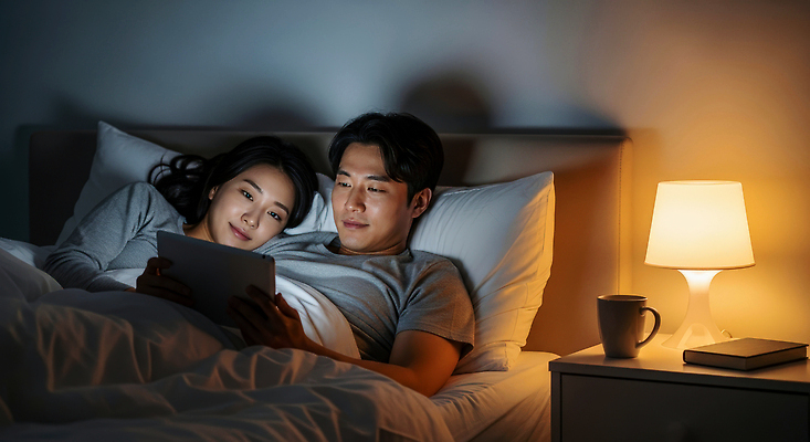 JPG 편집이미지 커플 커피 휴식 조명 따뜻함 대화 사랑 태블릿 어둠 방 침대 편안함 의료성형뷰티 편집실사 AI인물포토 AI콘텐츠 감정 음료 가구 컨셉 관계 말하기 전자제품 스마트기기 감각 CG 파일형식 AI포토