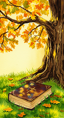 JPG 나무 계절 여유 컬러 잎 일러스트 자연 휴식 나뭇잎 풍경 잔디 초원 책 독서 햇빛 노란색 성경 고요 부드러움 조용 국내일러스트 AI일러스트 AI콘텐츠 식물 감정 컨셉 종교용품 태양 감각 생태계 파일형식