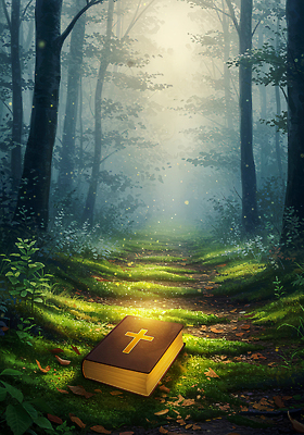JPG 종교 길 일러스트 자연 나뭇잎 빛 햇빛 평화 성경 고요 산책 탐험 안개 영혼 분위기 숲 신비 명상 조화 국내일러스트 AI일러스트 AI콘텐츠 컨셉 잎 종교용품 날씨 휴식 태양 생태계 파일형식