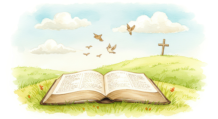 JPG 행복 종교 여유 일러스트 자연 조류 하늘 풍경 파란색 평화 믿음 성경 자유 기도 읽기 언덕 신성 조화 국내일러스트 AI일러스트 AI콘텐츠 동물 감정 컬러 컨셉 종교용품 모션 생태계 파일형식