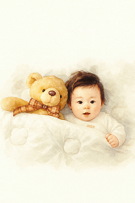 JPG 행복 감정 어린이 일러스트 가족 놀이 사랑 미소 귀여움 곰인형 이불 아기 포근함 편안함 소중 순수 방안 순간 국내일러스트 AI일러스트 AI콘텐츠 인형 컨셉 관계 침구 표정 사람 감각 파일형식