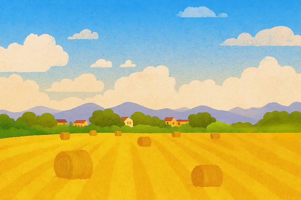 JPG 하늘색 농업 일러스트 자연 하늘 산 따뜻함 풍경 초원 일상 여름 파란색 농장 평화 농사 고요 가을 농촌 건초 풍경화 국내일러스트 AI일러스트 AI콘텐츠 계절 산업 컬러 컨셉 라이프 시골 그림 생태계 파일형식