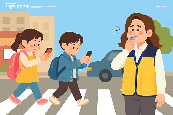 여자 도로 길 어린이 교통 일러스트 가족 모션 거리 경고 스마트폰 그룹 보행자 위험 주머니 신호 교통안전 건너기 보호구역 어린이보호구역 국내일러스트 AI파일 컨셉 관계 교통시설 안전 사람 핸드폰 스마트기기 구역 파일형식 벡터