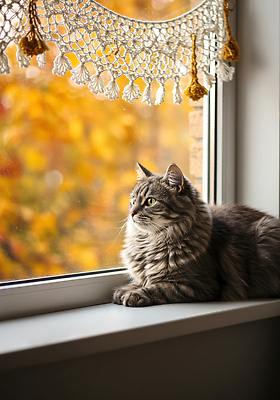 JPG 동물 편집이미지 시선 창문 자연 휴식 나뭇잎 따뜻함 풍경 노란색 평화 고양이 회색 가을 관찰 창가 감성 편집실사 AI포토 AI콘텐츠 계절 컬러 컨셉 잎 포유류 모션 반려동물 CG 생태계 파일형식