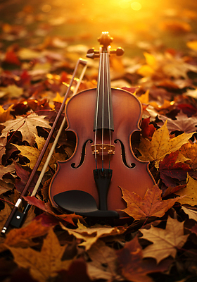 JPG 편집이미지 예술 악기 음악 컬러 낙엽 자연 따뜻함 풍경 햇빛 평화 가을 바이올린 활 감성 조화 뷰티풀 편집실사 AI포토 AI콘텐츠 계절 컨셉 잎 현악기 문화예술 태양 CG 생태계 파일형식