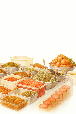 JPG 전통 문화 음식 컬러 일러스트 식재료 식탁 탁자 반찬 김치 한국 요리 빨간색 초록색 식사 맛 준비 나물 반찬가게 장아찌 국내일러스트 AI일러스트 AI콘텐츠 아시아 한식 가구 컨셉 채소 상점 파일형식