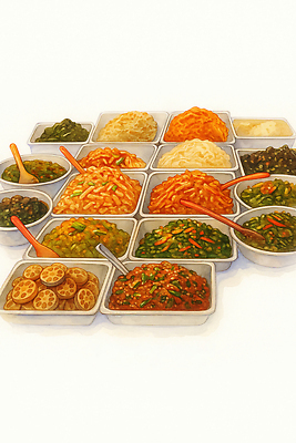 JPG 한식 채소 일러스트 식탁 반찬 요리 식사 양념 된장 맛 레시피 시금치 건강식 감자조림 고사리 반찬가게 국내일러스트 AI일러스트 AI콘텐츠 음식 컨셉 탁자 상점 조림 파일형식