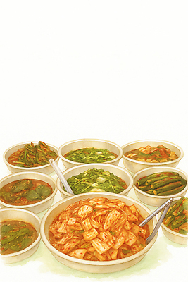 JPG 한식 음식 채소 일러스트 고추 식탁 반찬 김치 마늘 요리 전통음식 배추 매움 간장 레시피 시금치 건강식 파김치 무생채 반찬가게 오이김치 깻잎김치 국내일러스트 AI일러스트 AI콘텐츠 전통 탁자 상점 양념 맛 파일형식