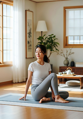 JPG 편집이미지 여자 거실 요가 아침 건강 운동 평화 스트레칭 매트 편안함 집중 명상 의료성형뷰티 편집실사 AI인물포토 AI콘텐츠 주간 웰빙 컨셉 사람 감각 CG 파일형식 AI포토