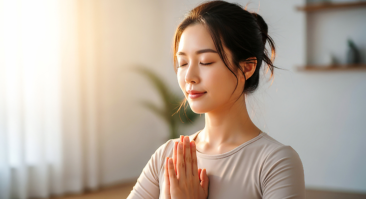 JPG 편집이미지 여자 포즈 요가 휴식 건강 햇빛 평화 고요 공간 마음 집중 명상 스트레스해소 의료성형뷰티 편집실사 AI인물포토 AI콘텐츠 웰빙 컨셉 사람 태양 CG 파일형식 AI포토