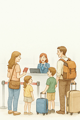JPG 어린이 여행 일러스트 가족 비행기 대화 부모 여행가방 짐 대기 공항 승차 직원 서비스 출장 준비 여행준비 체크인 검색대 국내일러스트 AI일러스트 AI콘텐츠 가방 비즈니스 관계 항공교통 교통시설 모션 대중교통 말하기 사람 파일형식