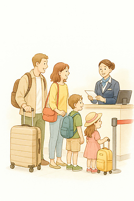 JPG 행복 여행 일러스트 가족 부모 여행가방 짐 공항 직원 서비스 출발 여권 문의 소통 단체관광 여행준비 체크인 항공사 국내일러스트 AI일러스트 AI콘텐츠 감정 산업 컨셉 가방 관계 교통시설 준비 파일형식