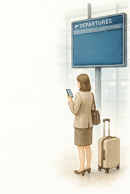 JPG 여자 여행 이동 일러스트 비즈니스 비행기 스마트폰 캐리어 행선지 정보 대기 시간 공항 출발 정리 소지품 여행준비 부지런 국내일러스트 AI일러스트 AI콘텐츠 컨셉 항공교통 교통시설 대중교통 사람 핸드폰 스마트기기 여행가방 오브젝트 준비 파일형식