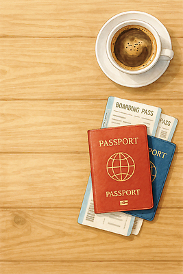 JPG 커피 여행 일러스트 비행기 여름 여행가방 지갑 계획 공항 커피잔 준비 문서 여권 나무탁자 여행준비 출국 입국 국내일러스트 AI일러스트 AI콘텐츠 계절 음료 컨셉 가방 항공교통 교통시설 탁자 잔 대중교통 파일형식