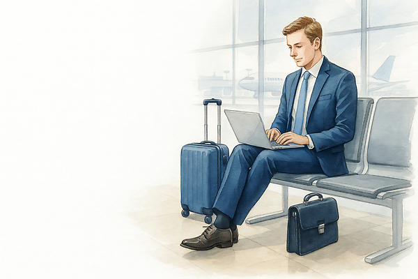 JPG 남자 여행 이동 가방 일러스트 비즈니스 비행기 기술 노트북 컴퓨터 사무실 여행객 대기 시간 업무 작업 공항 편안함 출장 문서 대기실 국내일러스트 AI일러스트 AI콘텐츠 잡화 컨셉 항공교통 교통시설 대중교통 사람 전자제품 공간 감각 파일형식