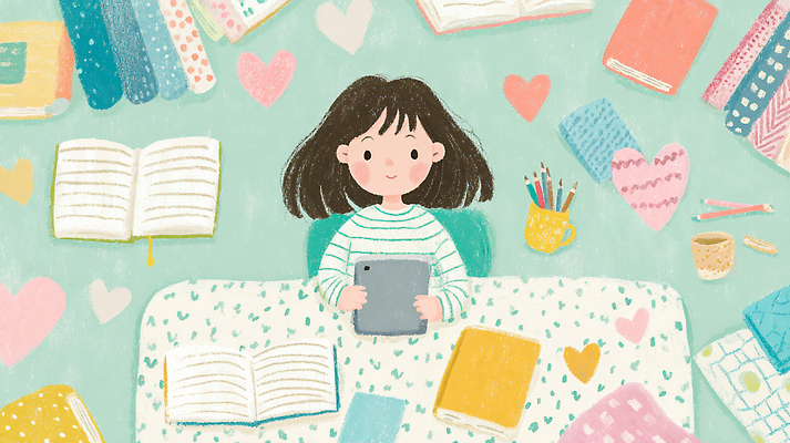 JPG 디자인 감정 어린이 컬러 일러스트 문구용품 사랑 책 학습 스터디 태블릿 독서 방 마음 시간 집중 그림 창의력 국내일러스트 AI일러스트 AI콘텐츠 교육 컨셉 사람 전자제품 스마트기기 오브젝트 파일형식