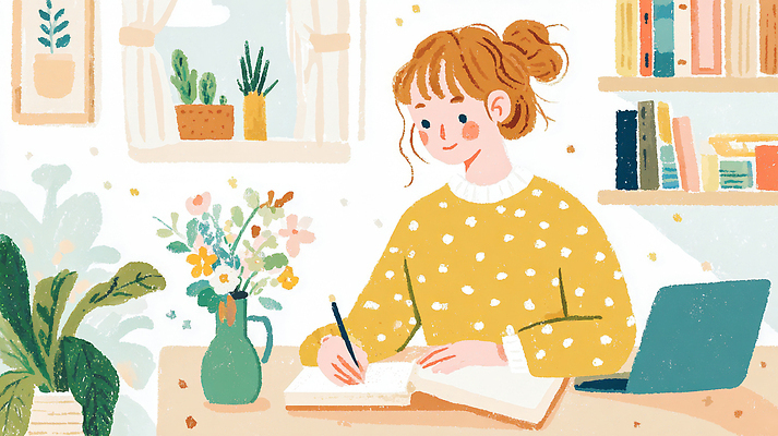 JPG 식물 손 디자인 꽃 행복 일러스트 탁자 주택 밝음 북유럽 소녀 학습 스터디 펜 노란색 정원 공간 방 작업 일기 편안함 스웨터 국내일러스트 AI일러스트 AI콘텐츠 여자 교육 감정 유럽 어린이 컬러 가구 상의 건물 신체부위 필기구 감각 파일형식