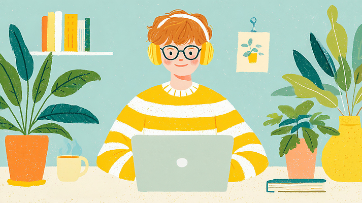 JPG 식물 라이프스타일 티셔츠 일러스트 주택 실내 사람 일상 학습 스터디 컴퓨터 노란색 헤드폰 줄무늬 작업 분위기 편안함 커피잔 집중 책상 원예 국내일러스트 AI일러스트 AI콘텐츠 교육 커피 컬러 음향기기 가구 컨셉 셔츠 무늬 잔 취미 내부 건물 라이프 생활 전자제품 감각 파일형식