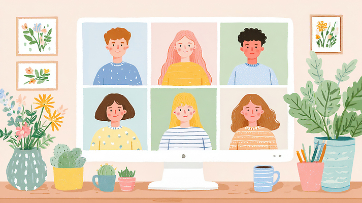 JPG 나무 식물 꽃 화분 컬러 일러스트 협력 대화 여러명 스터디 컴퓨터 사무실 디지털 스크린 방 모임 작업 그룹 과제 온라인 국내일러스트 AI일러스트 AI콘텐츠 다수 비즈니스 말하기 사람 전자제품 학습 파일형식