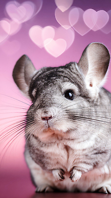 JPG 편집이미지 포즈 생물 털 반려동물 귀여움 하트 분위기 소셜미디어 친칠라 분홍색배경 이미지편집 AI컴퓨터그래픽 AI콘텐츠 모양 동물 분홍색 백그라운드 컨셉 포유류 파일형식