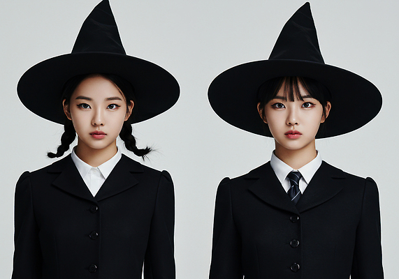 JPG 편집이미지 옷 패션 감정 포즈 백그라운드 소녀 검은색 할로윈 마법사 분위기 신비 마녀 강렬 의료성형뷰티 스타일 편집실사 AI인물포토 AI콘텐츠 여자 어린이 컬러 컨셉 CG 파일형식 AI포토