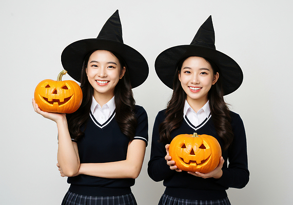 JPG 편집이미지 캐릭터 전통 옷 기념일 호박 웃음 소녀 친구 분장 파티 축제 할로윈 수확 마법사 마녀 의료성형뷰티 편집실사 AI인물포토 AI콘텐츠 여자 어린이 농업 채소 관계 표정 이벤트 CG 파일형식 AI포토