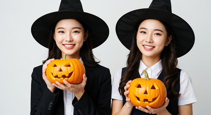 JPG 편집이미지 캐릭터 옷 여자 어린이 호박 웃음 파티 귀여움 축제 할로윈 마법사 즐거움 마녀 예복 유람 의료성형뷰티 편집실사 AI인물포토 AI콘텐츠 감정 컨셉 채소 표정 사람 이벤트 CG 파일형식 AI포토