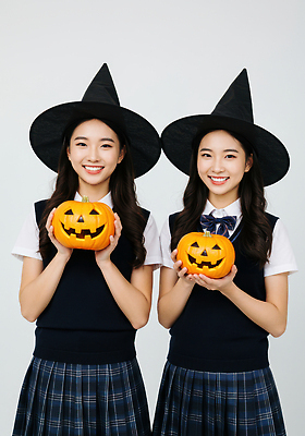 JPG 편집이미지 전통 옷 기념일 호박 웃음 소녀 장식 친구 파티 축제 할로윈 마법사 즐거움 마녀 의료성형뷰티 편집실사 AI인물포토 AI콘텐츠 여자 감정 어린이 채소 관계 표정 이벤트 CG 파일형식 AI포토