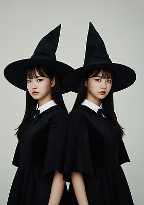 JPG 스튜디오촬영 모델 편집이미지 여자 패션 포즈 미소 할로윈 마법사 쌍둥이 모던 마녀 의료성형뷰티 스타일 편집실사 AI인물포토 AI콘텐츠 가족 실내 표정 사람 CG 파일형식 AI포토