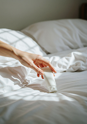 주간 가구 사람 내부 라이프 신체부위 태양 뷰티 감각 CG 파일형식 AI포토 침대 스킨케어 상품 손 햇빛 아침 화장대 실내 피부관리 편안함 일상 여자 편집실사 편집이미지 JPG 의료성형뷰티 AI인물포토 AI콘텐츠