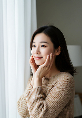 JPG 편집이미지 여자 감정 아침 조명 따뜻함 표정 미소 일상 평화 방 편안함 창가 뷰티풀 순간 의료성형뷰티 편집실사 AI인물포토 AI콘텐츠 주간 컨셉 창문 사람 라이프 감각 CG 파일형식 AI포토