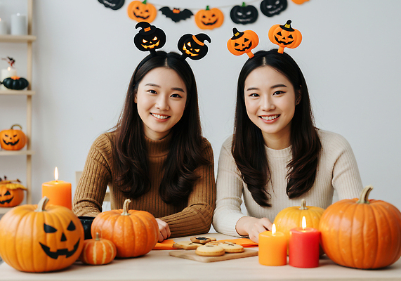 JPG 편집이미지 여자 초 탁자 호박 디저트 대화 장식 친구 파티 쿠키 축제 할로윈 만남 의료성형뷰티 홈파티 편집실사 AI인물포토 AI콘텐츠 음식 가구 컨셉 채소 관계 말하기 사람 이벤트 CG 파일형식 AI포토