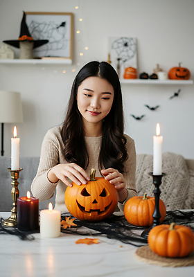 JPG 편집이미지 여자 조각 촛불 호박 실내 따뜻함 장식 파티 할로윈 분위기 수공예 DIY 창의성 의료성형뷰티 홈파티 편집실사 AI인물포토 AI콘텐츠 컨셉 채소 초 사람 이벤트 취미 내부 공예 CG 파일형식 AI포토